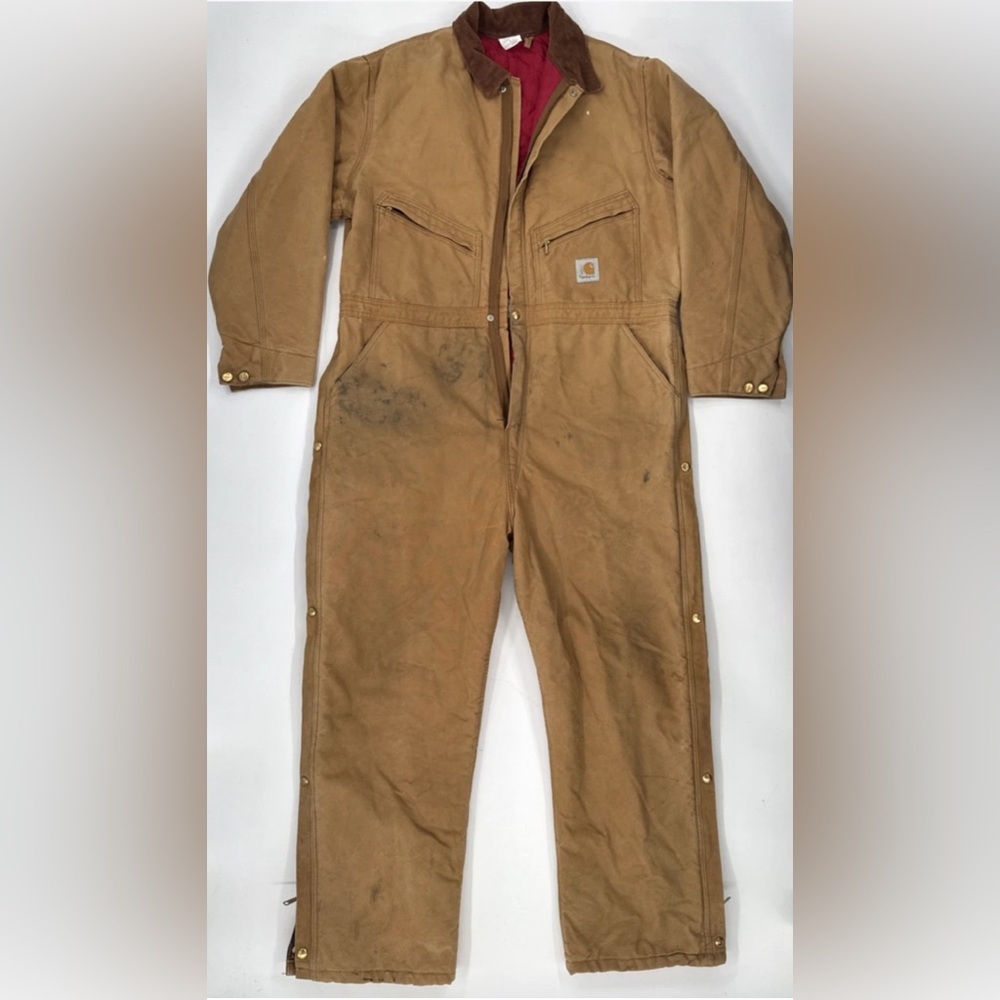 Vintage Carhartt Coveralls Quilted Insulated Duck Tan Mens 48 Red Lined X01 BRN - Picture 1 of 16